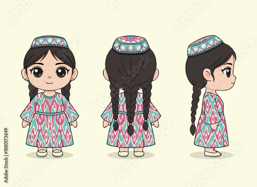 Chibi Girl in Traditional Uzbek Dress and Cap.