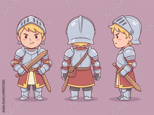 Chibi Knight Character Design Front Side Back View.