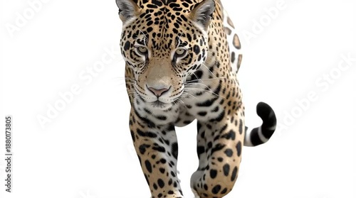 Jaguar Walking Towards the Camera on White Background Wildlife Portrait Generative AI
