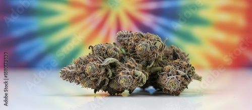 Cannabis bud - medical marijuana mmj with psychedelic tie dye background