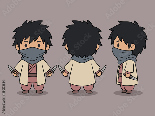 Chibi Ninja Character Design Front Side Back View.