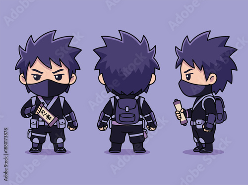 Chibi Ninja Character Design Front Side Back View.