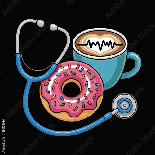 A playful illustration featuring a stethoscope, a cup of coffee with a heart-shaped froth, and a sprinkled donut.