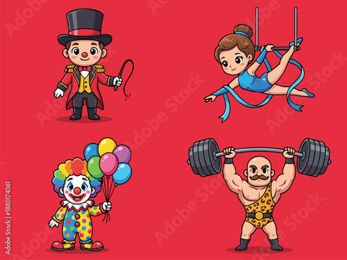 Circus Performers Collection - Ringmaster, Aerialist, Clown, and Strongman.