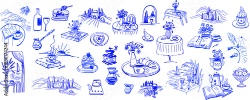 Slow Morning Coffee Sketch Collection. Cozy Breakfast, Reading and Calm Lifestyle Moments in Hand Drawn Line Art Style