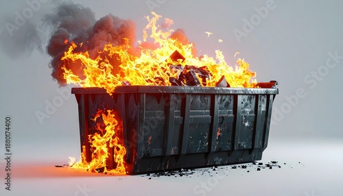 Dumpster fire with flames in a garbage can