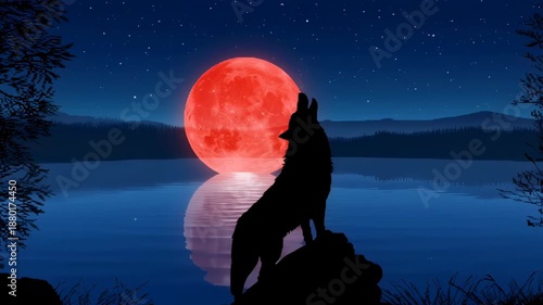 Wallpaper Mural Wolf Silhouetted Against a Large Red Moon Over a Calm Lake with Starry Sky at Night. Seamless looping 4k video background  Torontodigital.ca