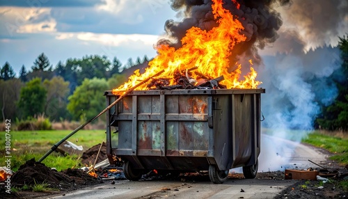 Dumpster fire with flames in a garbage can
