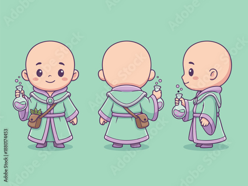 Cute cartoon alchemist character holding a potion bottle in various poses.