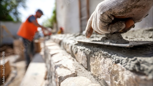 Wallpaper Mural A construction worker wearing a vest veneers a stone wall at a construction site, showing skill and attention to detail Torontodigital.ca