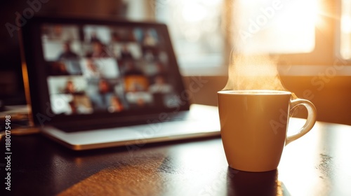 A steaming coffee mug sits on a desk in warm morning sunlight. In the background, a laptop displays a blurred online meeting, evoking remote work and productivity.