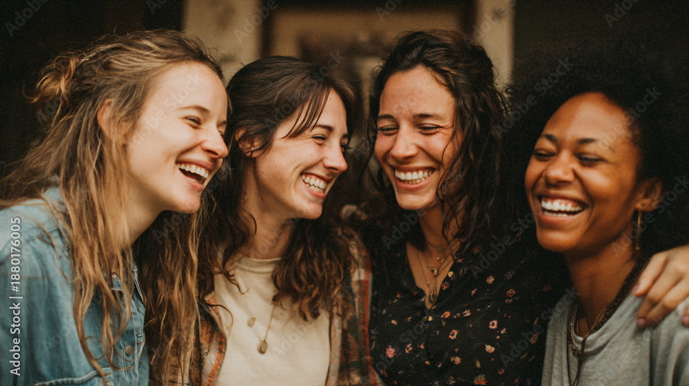 Obraz premium close friends laughing together candid moment natural light emotional connection lifestyle photography