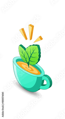 Refreshing Mint Tea: A captivating illustration showcases a serene mug of revitalizing mint tea. The inviting turquoise mug cradles the invigorating tea, complemented by fresh mint leaves.