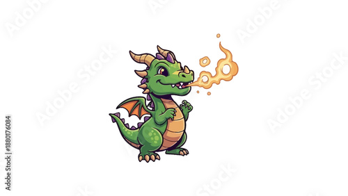 Friendly Dragon's Fiery Breath: A charming cartoon dragon, with scales of green and wings in tow, exhales a playful puff of fire. This fantastical creature brings an element of enchantment.
