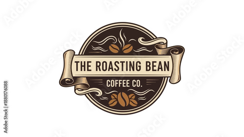 Coffee Bean Logo: A classic, vintage-style logo design featuring coffee beans, coffee, typography and a scroll banner. 