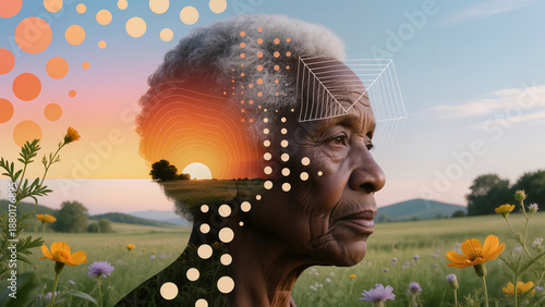 the silhouette of an elderly man's face against the backdrop of nature