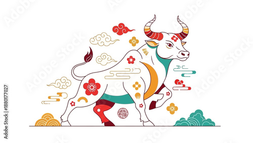 Artistic White Ox with Floral Patterns for Chinese New Year