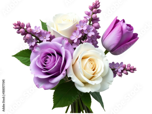 A bouquet of purple and white roses arranged in a decorative vase