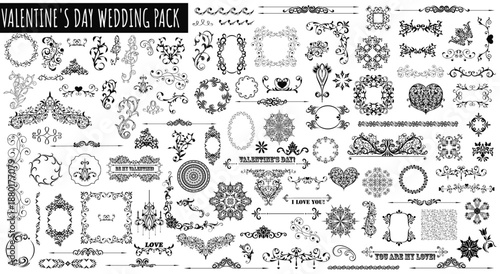 Valentine's Day Wedding Pack: A meticulously arranged assortment of wedding-themed illustrations, from classic heart designs to ornate borders, creating a romantic and elegant aesthetic.