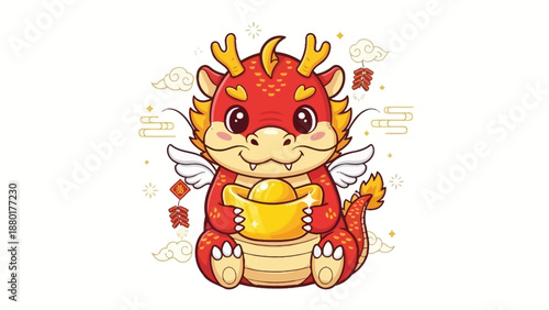 Adorable Baby Dragon Holding a Gold Ingot for Good Luck