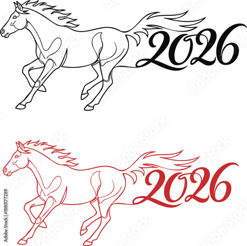 Minimal single-line galloping horse with tail forming 2026
