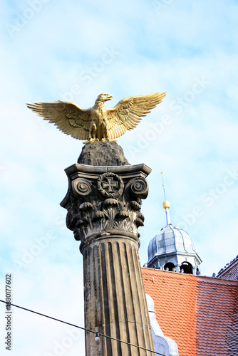 Eagle of the War Memorial for the Franco-Prussian War of 1870 on the Marketplace of Kirchhain, Doberlug-Kirchhain, Germany

