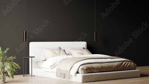 Modern bedroom interior in dark black color wall background. Minimalist design furniture and empty wall as mockup for art. Home or accent hotel room. 3d render
