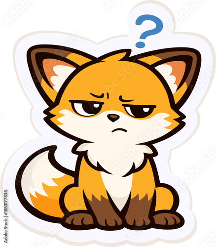 Cute cartoon fox with a confused and uncertain expression. The flat vector illustration represents doubt and hesitation, making it suitable for reaction stickers, children’s designs
