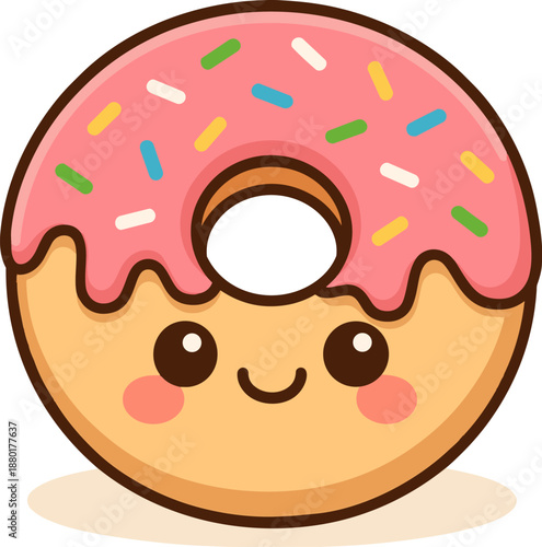 Cute cartoon donut with pink icing, colorful sprinkles, and a friendly smiling face. Flat vector illustration perfect for food stickers, children’s designs, and playful digital content.