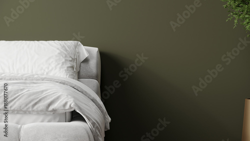 Interior of a bedroom in white and dark olive green color. Deep accent background painted walls/ White cloud dancer bed furniture and bedding. Home or office simple style. 3d render