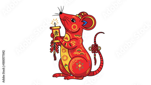 Red Chinese Zodiac Rat Holding Firecrackers for Lunar New Year
