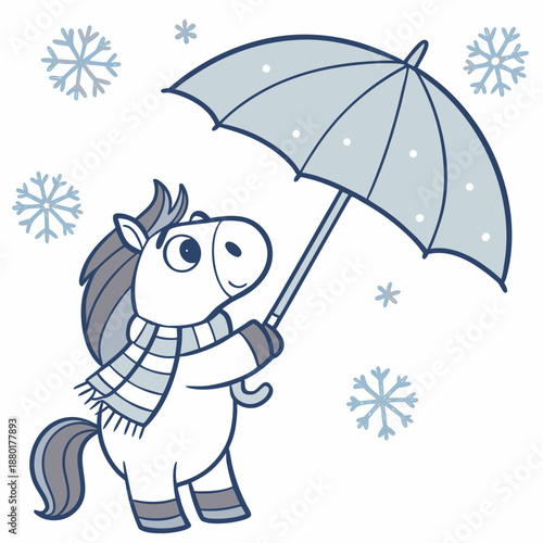 Vector illustration of a Curious Horse with under an umbrella, styled in a Cozy winter theme using Frosty Winter colors