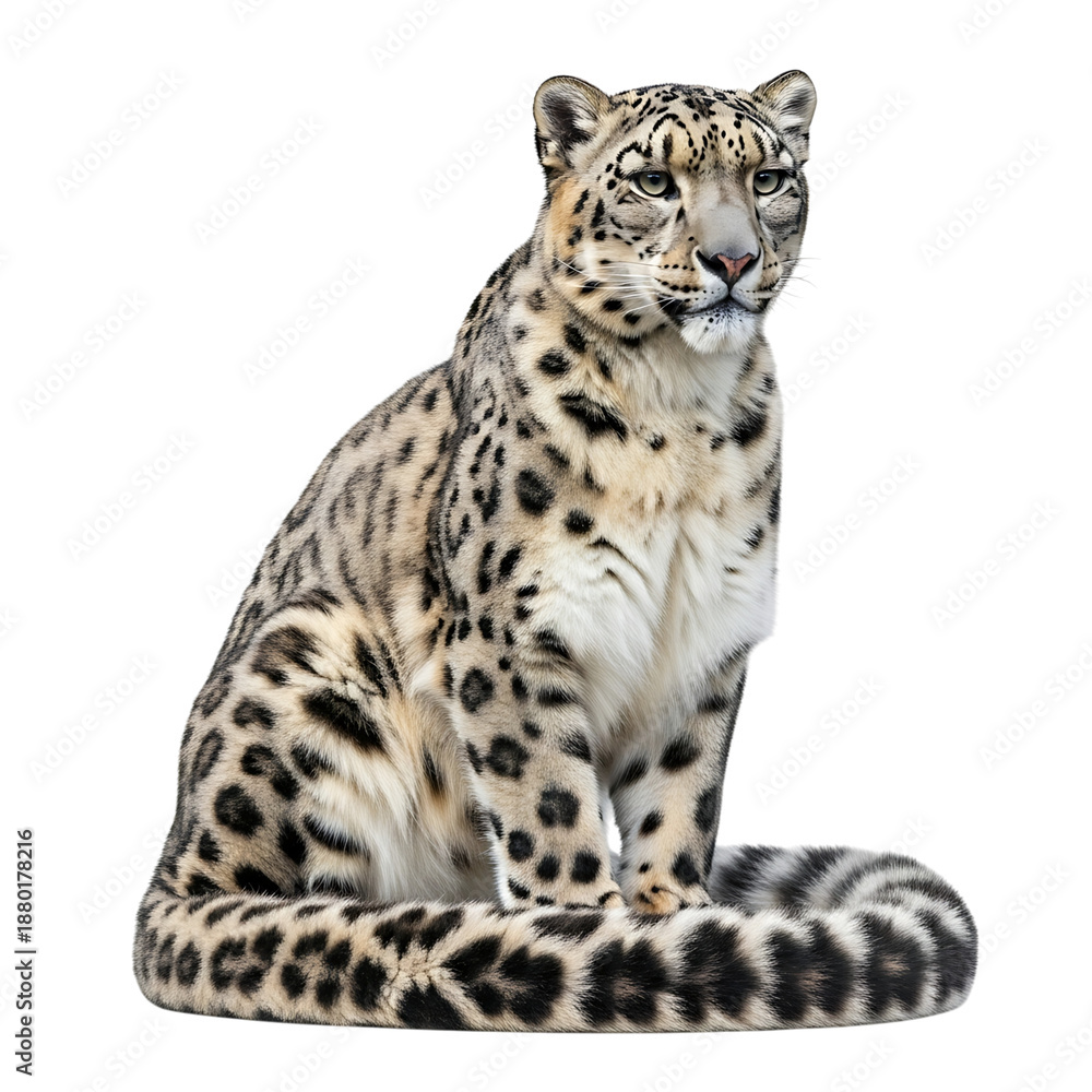 Fototapeta premium Majestic snow leopard sitting regally against a white background