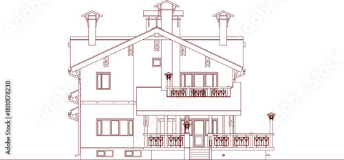 Technical vector illustration of a chalet side elevation, featuring multiple wooden balconies, decorative railings, and gabled roofs.