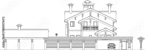 Technical vector of a chalet house side elevation, featuring a wooden fence, attached garage with car, and gabled roof design.