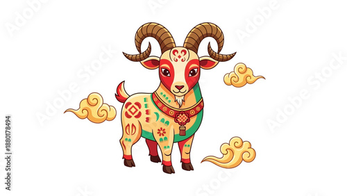 Chinese Zodiac Goat Illustration with Decorative Horns and Clouds