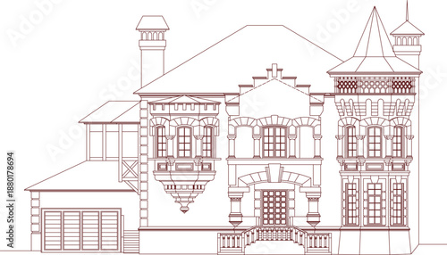 Technical vector of a grand mansion elevation, featuring a turret, ornate balcony, stone masonry details, and a multi-car garage.