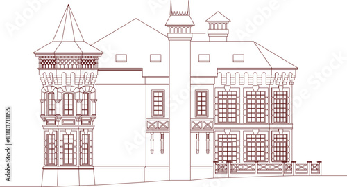 Technical vector of a luxury mansion facade elevation, featuring classical turret design, ornate window frames, and decorative railings.