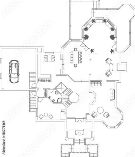 Technical vector of a luxury mansion ground floor plan, featuring a large garage, grand dining area, and spacious sunroom.