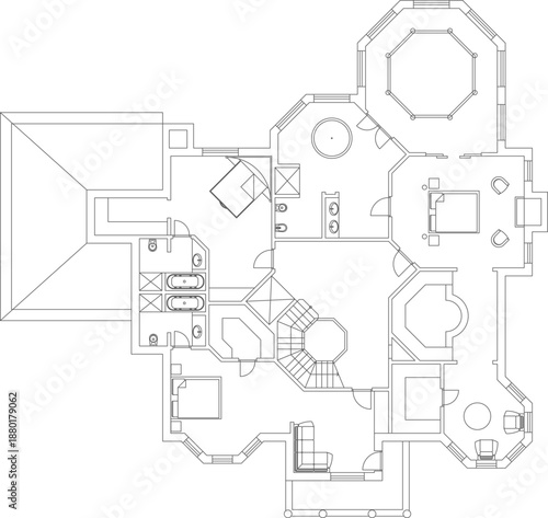 Technical vector of a luxury mansion upper floor plan, featuring a master suite, circular staircase, and large outdoor balcony.
