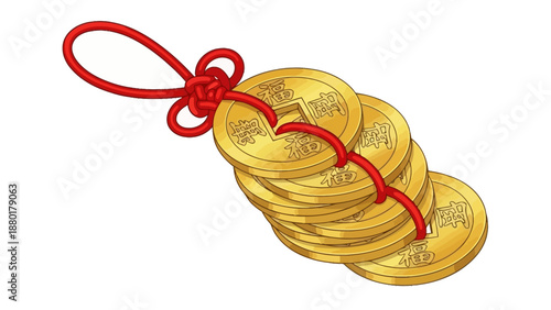 Traditional chinese gold lucky coins tied with red string knot
