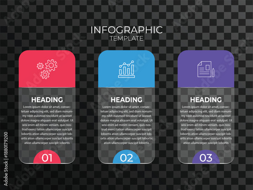 Infographic Template With Three Panels Gears, Chart, and Document Icons on a Dark Checkerboard Background
