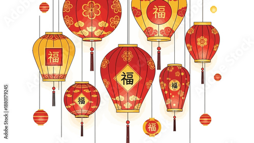 Various traditional red and gold hanging chinese lanterns
