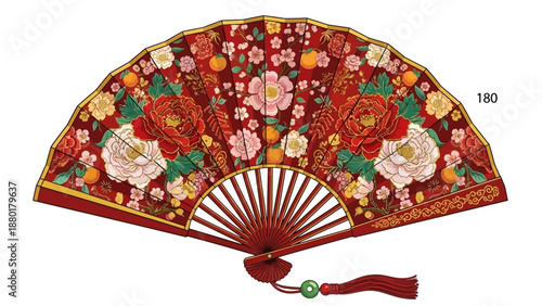 Ornate chinese folding fan with peony and bird patterns