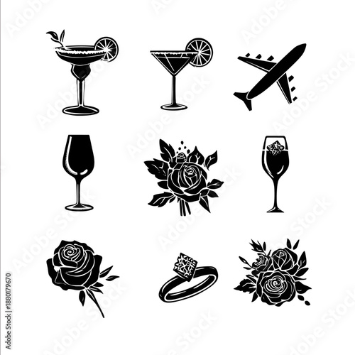 feminine vector black and white illustrationsicons of a margarita martini airplane diamond ring rose bouquet