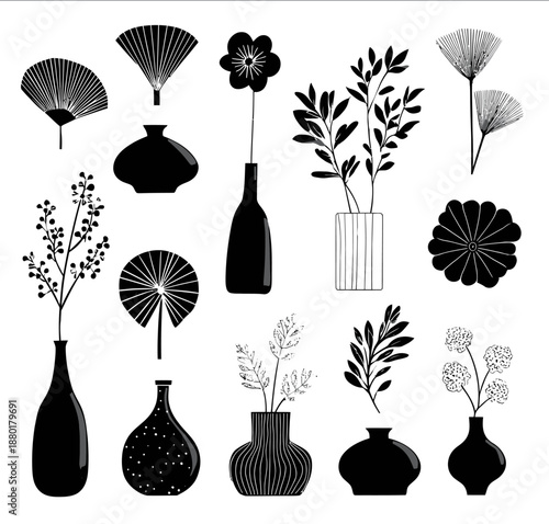 A set of vector graphics in black and white featuring various designs with floral motifs including fanshaped elements vases leaves flowers and so on arranged o