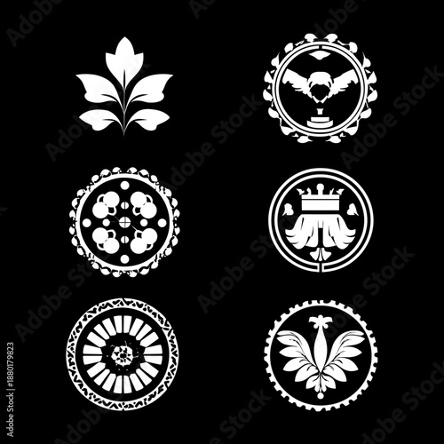 cicular ancient greek corinthian inspired icons Pure white on a pure black background Bold simple shapes