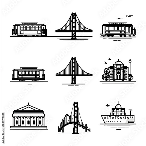 simple black and white icon clipart pack San Fransisco themed including trolley and golden gate bridge ALCATRAZ