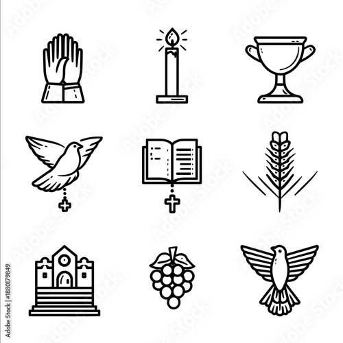 A set of minimalist elegant black and white icons for a Primera Comunion photo album Each icon represents spiritual and ceremonial themes praying hands candle
