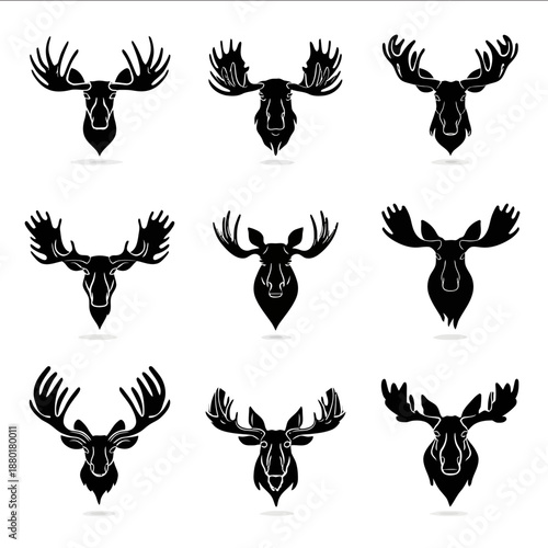 Moose elk head portrait silhouette vector set black color clean outline isolated on white background antlers detailed and symmetrical minimalistic style high